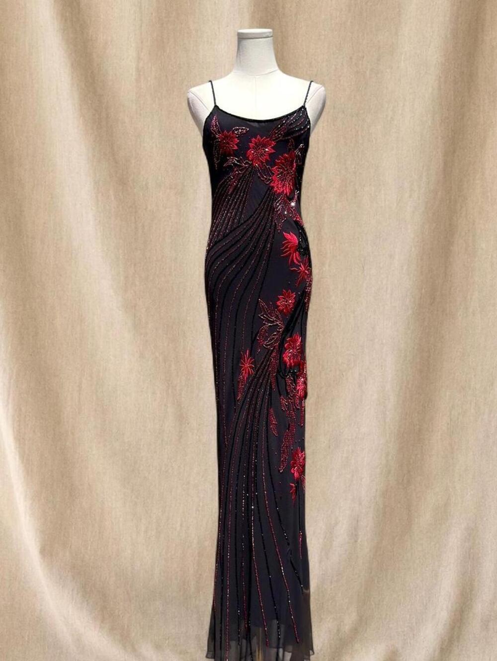 Vintage Cache black and red floral silk beaded maxi dress - Picture 2 of 8